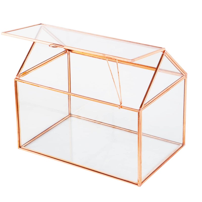 Levilan House Shape Close Glass Geometric Terrariumn Tabletop Succulent Plant Garden Geo Planter Moss Fern Swing Lid Reptile, Flower Pot for Plants Succulent, Air Plant (Rose Gold) - Image 1